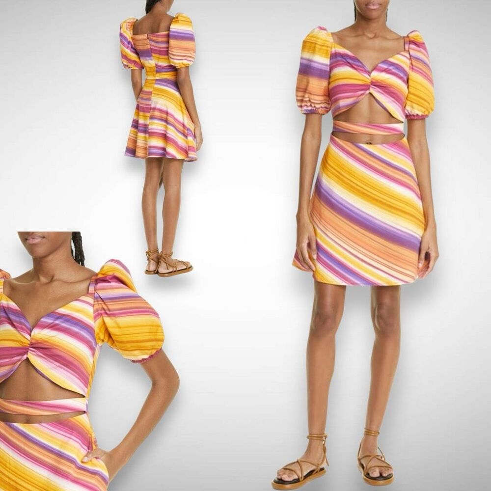 Autumn Adeigbo Alyssa Stripe Puff Sleeve Cutout Mini‎ Dress Size 4 Sundress Boho